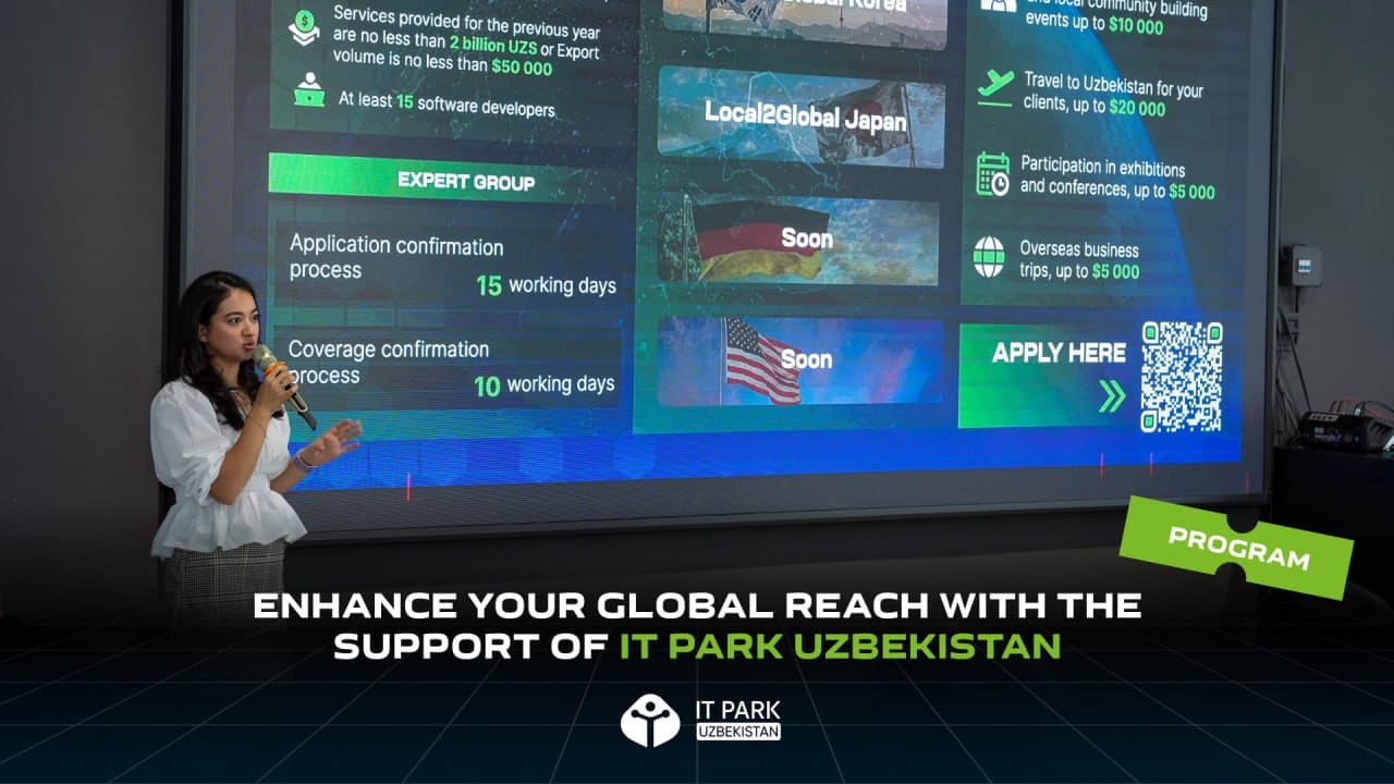 IT Park Uzbekistan rezidentlarga global bozorda oʻz ishtirokini kengaytirishga va xorijiy mamlakatlardan hamkorlarni jalb qilishga yordam berish maqsadida “Local2Global” dasturini ishga tushirdi