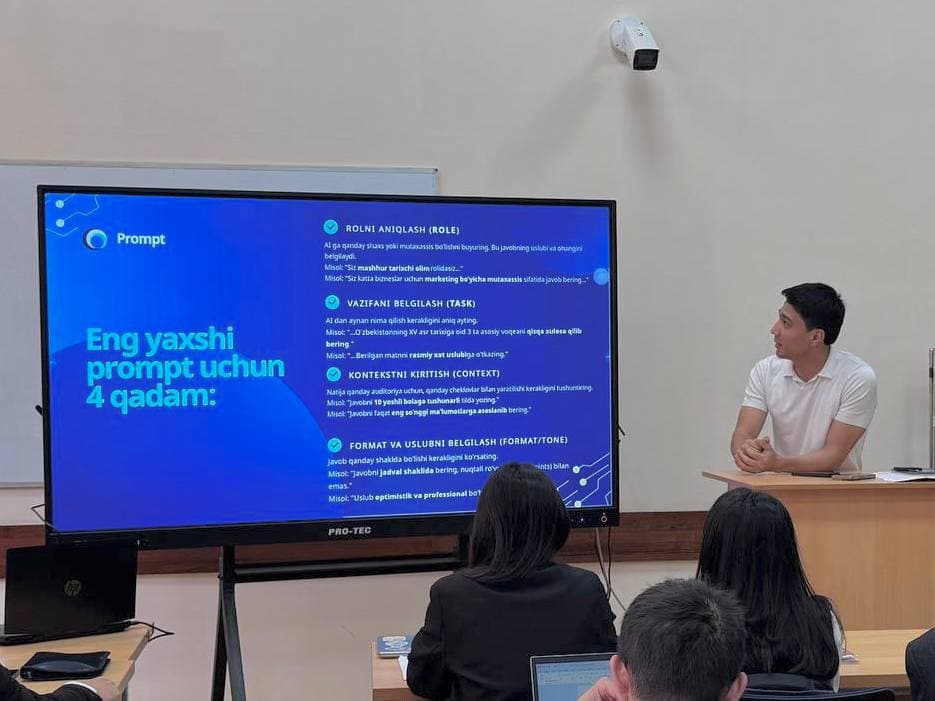 Raqamli texnologiyalar vazirligi huzuridagi Sun'iy intellekt va raqamli iqtisodiyotni rivojlantirish markazi mutaxassislari tomonidan Toshkent davlat yuridik universiteti talabalari uchun sun’iy intellektdan ta’lim va ish faoliyatida samarali foydalanish